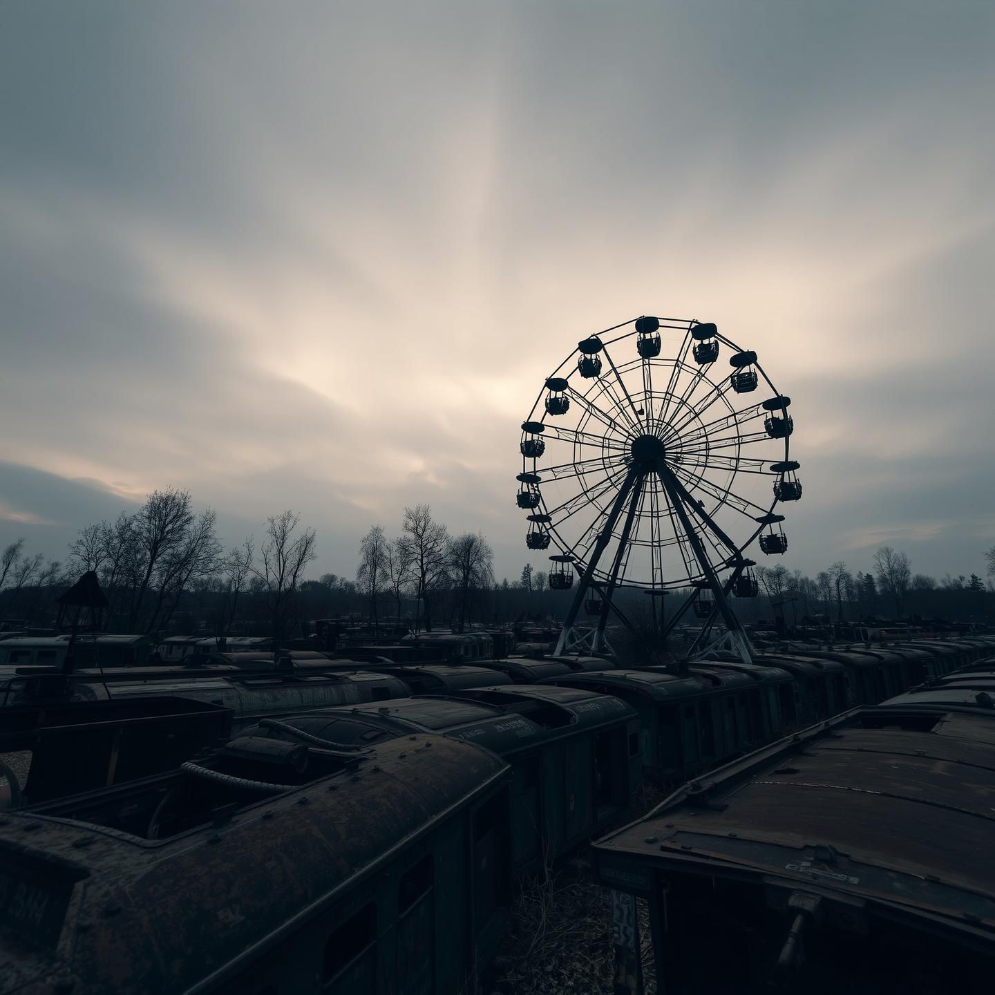 Ethereal Ferris Wheel Graveyard: Dreamlike Twilight Photo, Stark Beauty 8K
 | Unfold Lens