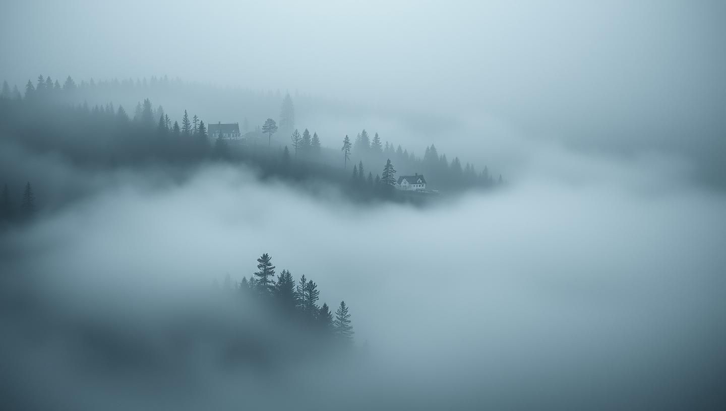 Ethereal Fog Harbor Village: Film Noir Shadows & Pine Forest Masterpiece
 | Unfold Lens