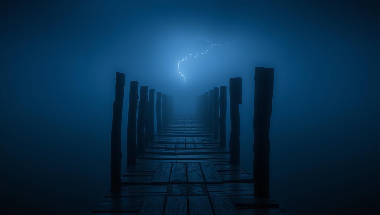 Ethereal Fog Pier: Moody Coastal Mystery, Dramatic Blue Hour Photography
 | Unfold Lens