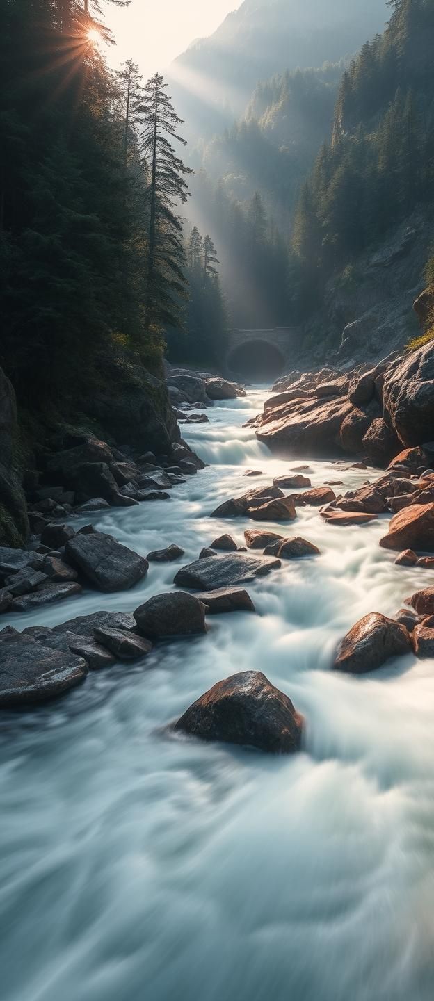 Ethereal Forest River: Long Exposure Landscape Photography - 8K Serenity
 | Unfold Lens