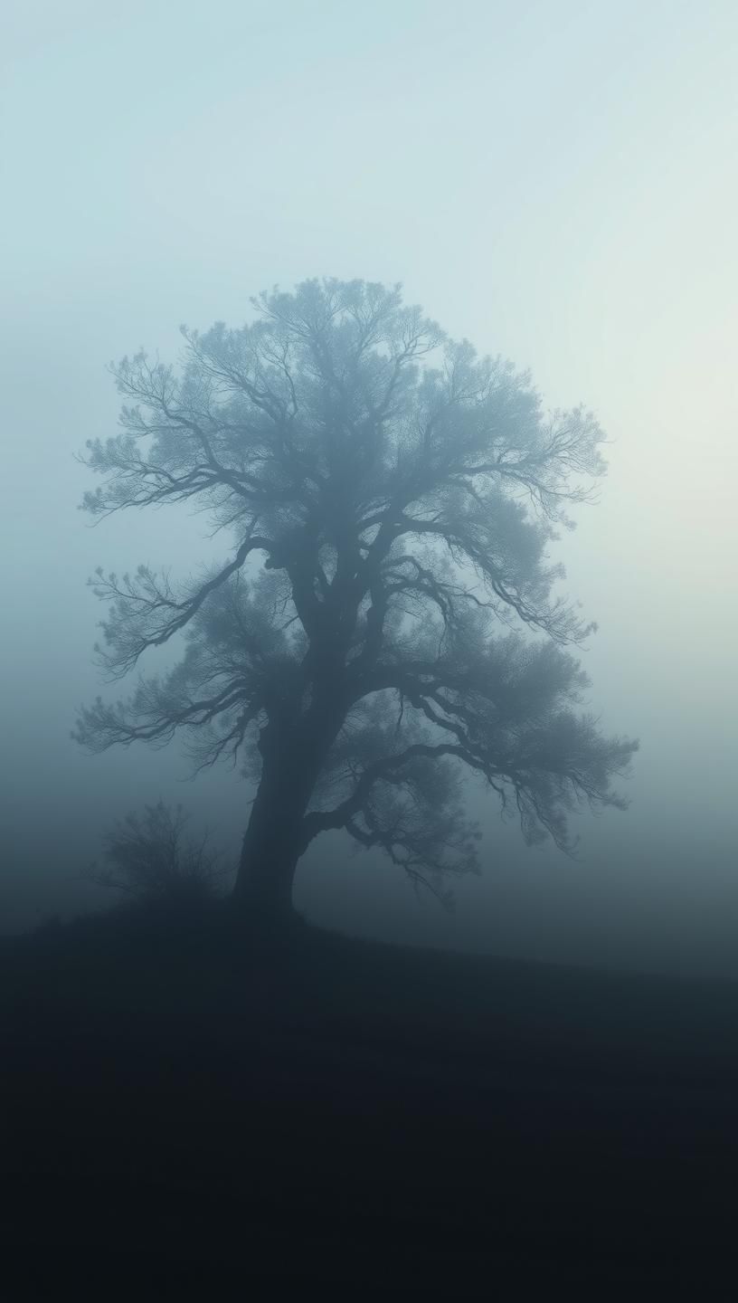 Ethereal Oak Silhouette: Misty Moor Dreamscape in 8k - Inspiring Nature Art
 | Unfold Lens