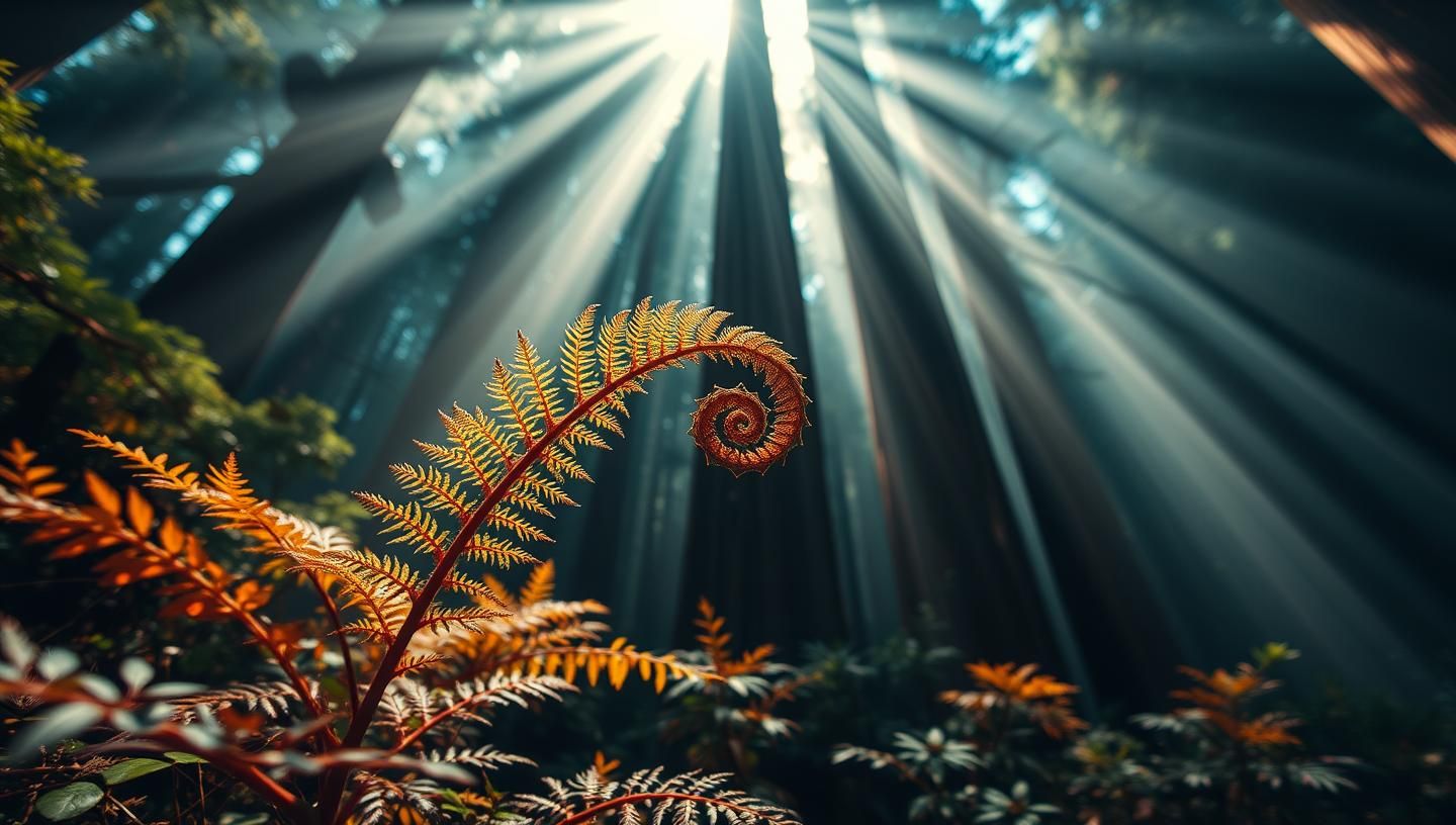 Ethereal Redwood Fern Unfurling in California Sunbeams - Dreamlike Forest Scene
 | Unfold Lens