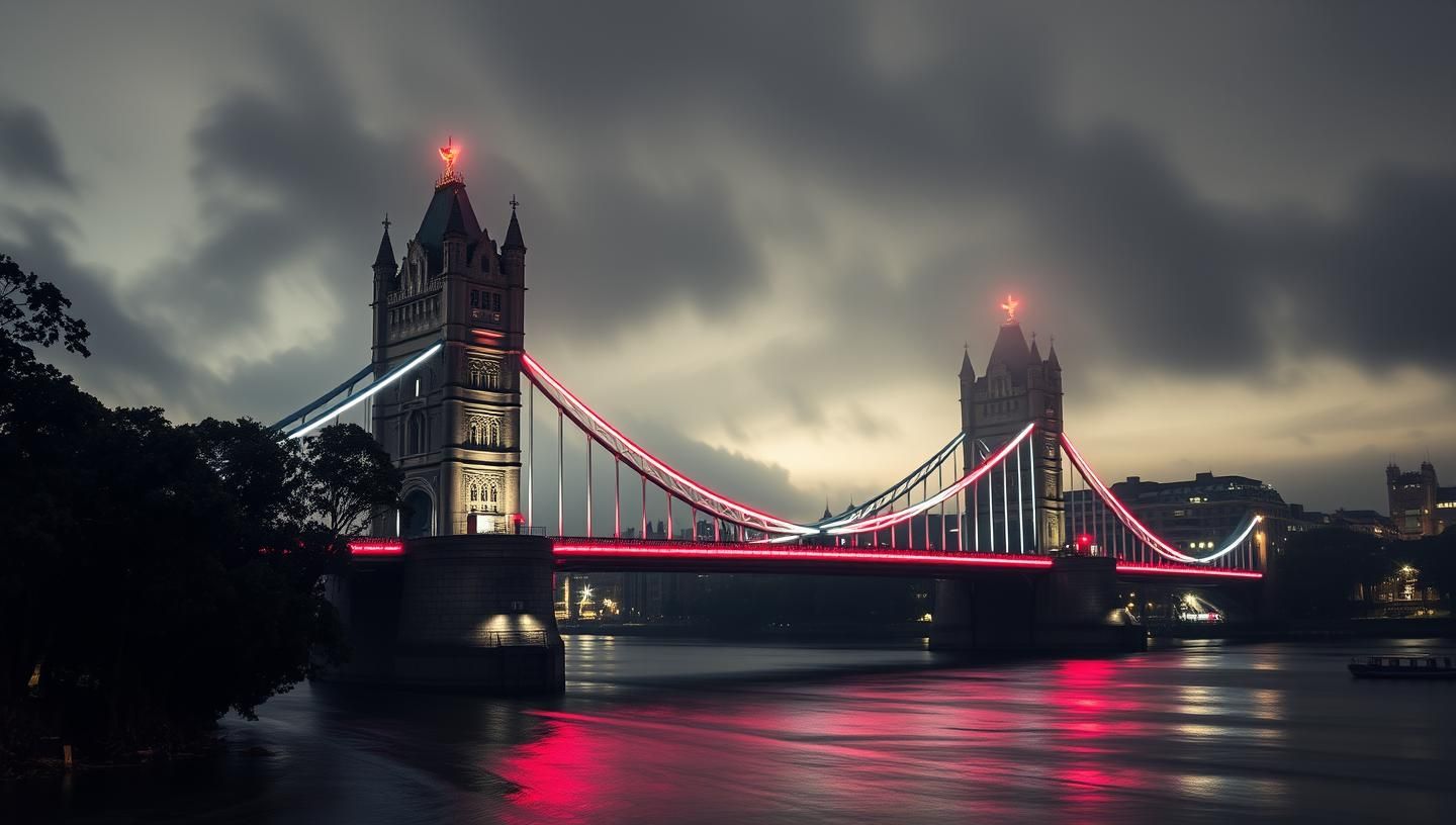 Ethereal Tower Bridge at Night: London's Serpent of Light in Jungle Mist - 8K | Unfold Lens