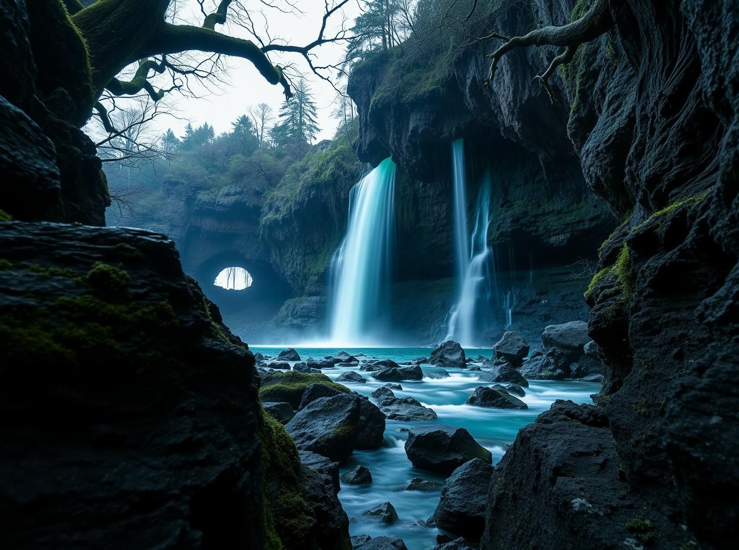 Ethereal Waterfall Cascade: Ancient Forest, Serene Coastline in High-Res 8K 
 | Unfold Lens