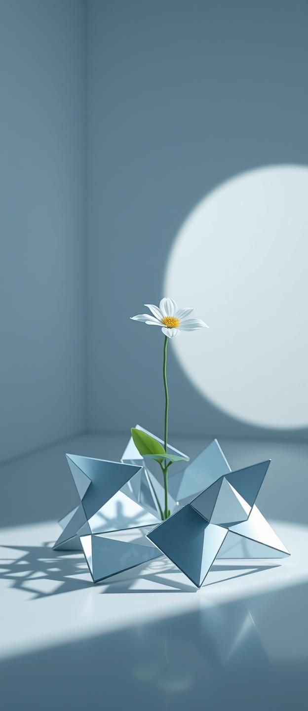 Ethereal White Flower Cross Amidst Gleaming Aluminum Shards: Calm Beauty
 | Unfold Lens