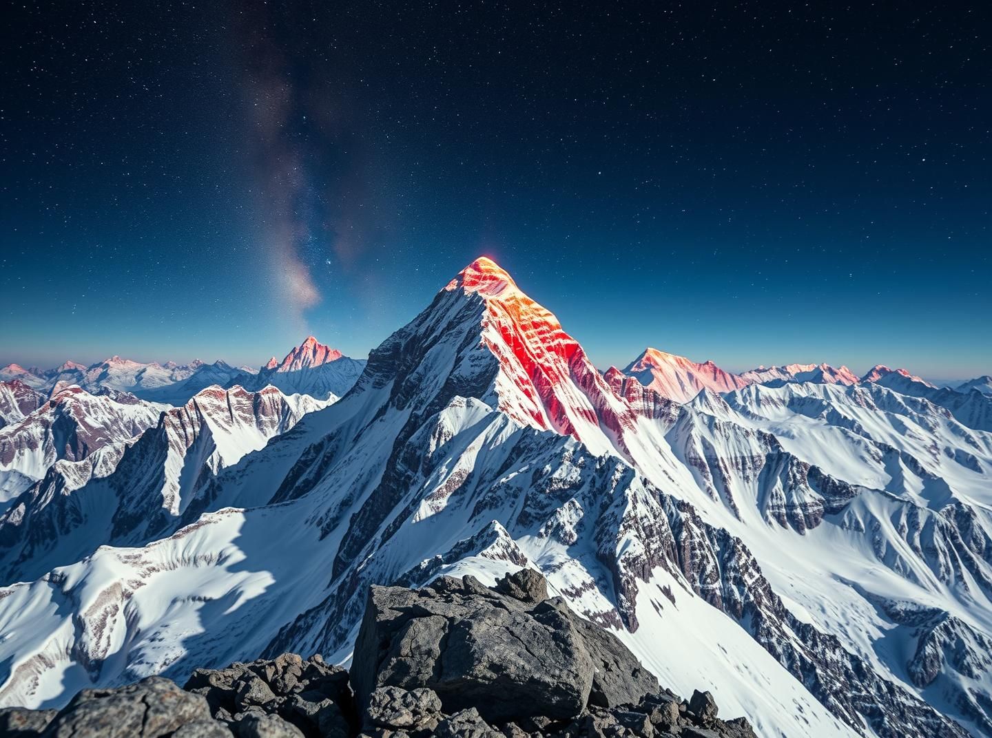 Everest Knife-Edge Alpenglow: Inspiring Himalayan Summit Under Milky Way
 | Unfold Lens