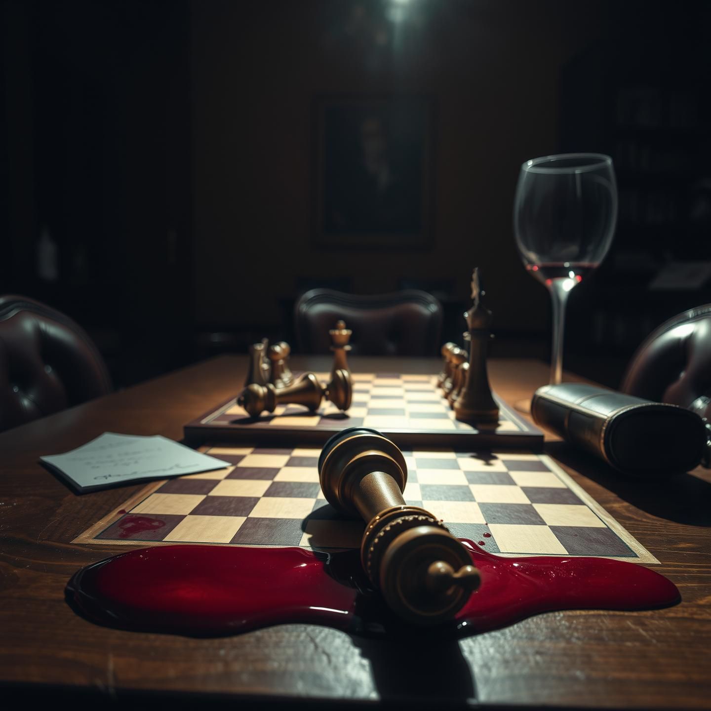 Fallen King Chess Game: Moody Nostalgia in Sun-Drenched Dining Room, 8K Macro | Unfold Lens