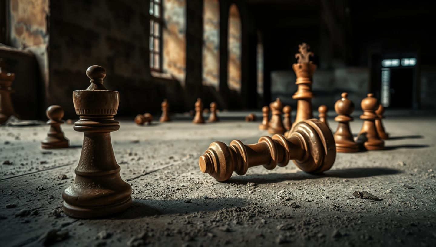 Fallen King Chess Piece: Atmospheric Macro Photo in Abandoned Building | Unfold Lens