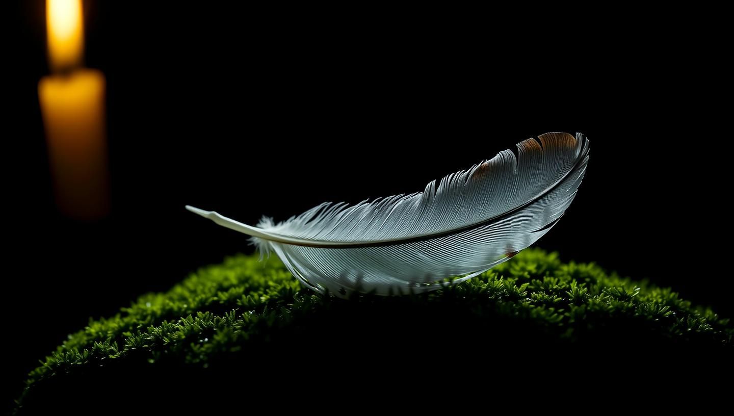 Feather on Moss: Chiaroscuro Art, Intricate Detail, Inspiring Beauty
 | Unfold Lens