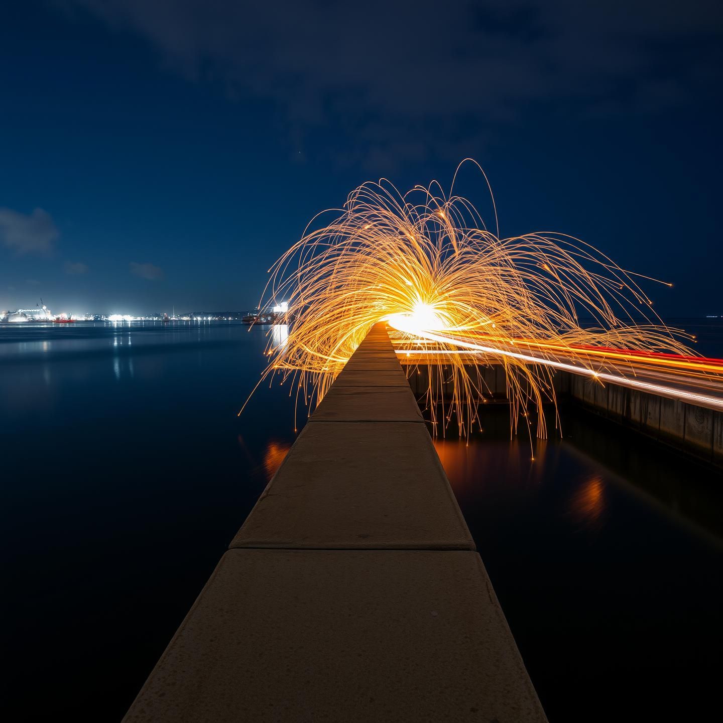 Fiery Harbor Dance: Ferry Lights, Steel Wool Sparks in 8K Urban Nightscape
 | Unfold Lens