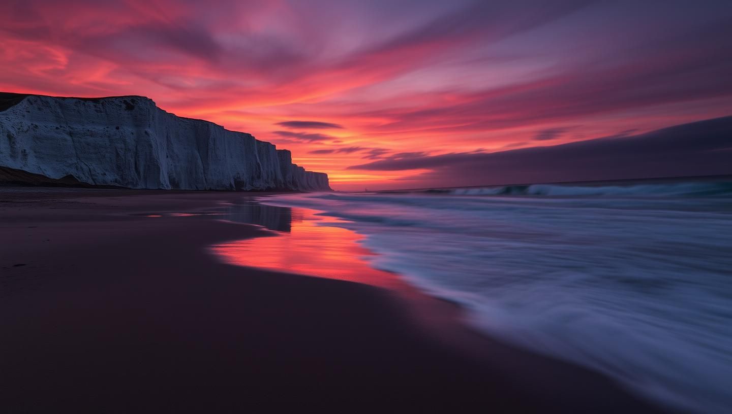 Fiery Sunset at White Cliffs of Dover: Ethereal Long Exposure Seascape 8K | Unfold Lens