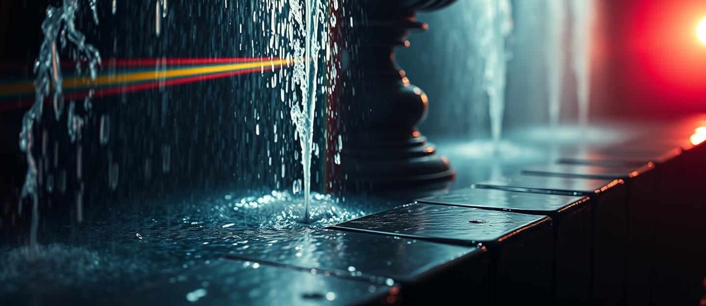 Film Noir Fountain Prism Light Dance: 8K Elegance & Motion 
 | Unfold Lens