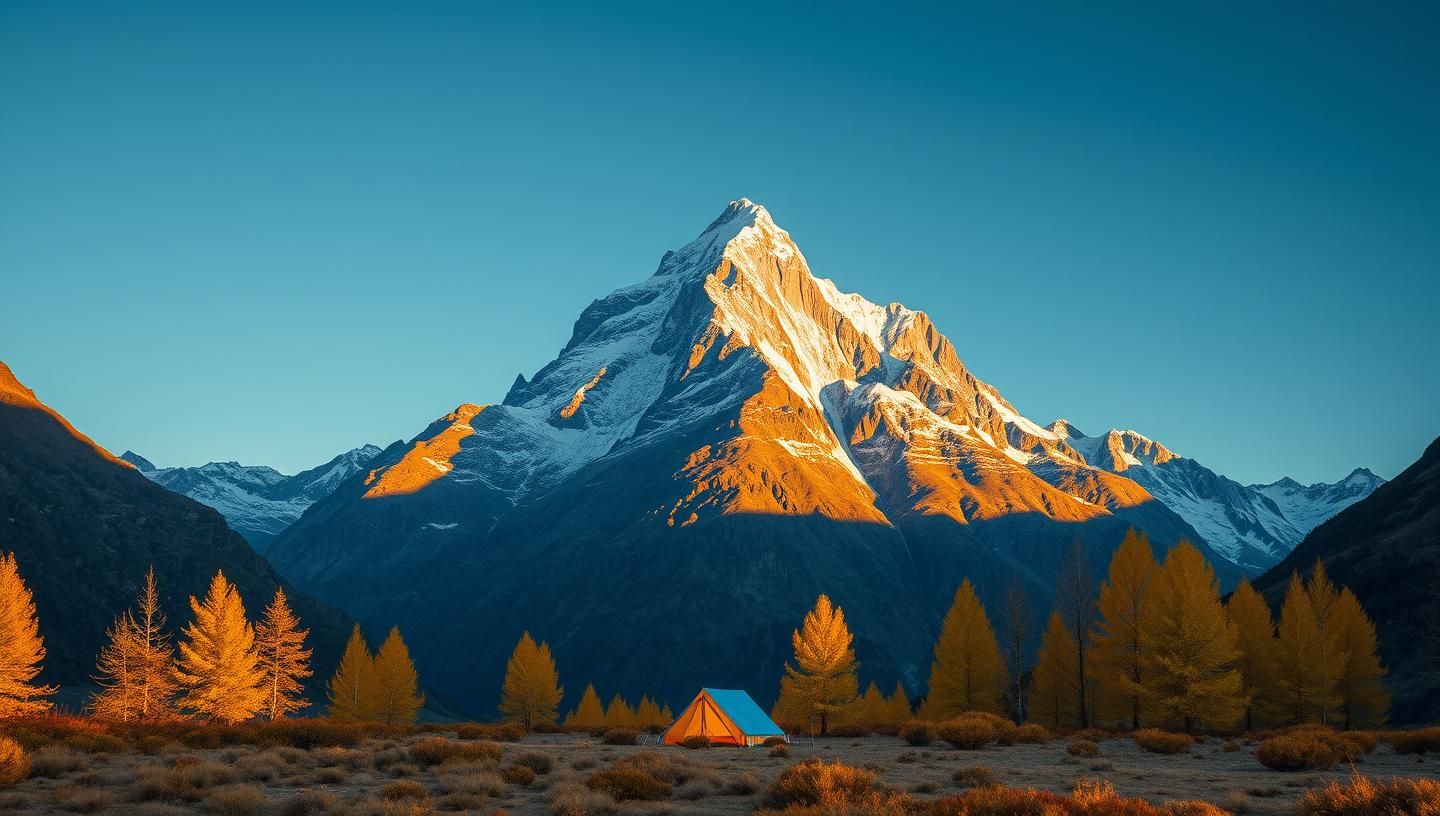 Fiordland Base Camp: Golden Hour on Symmetrical Peak. Inspiring Southern Alps
 | Unfold Lens