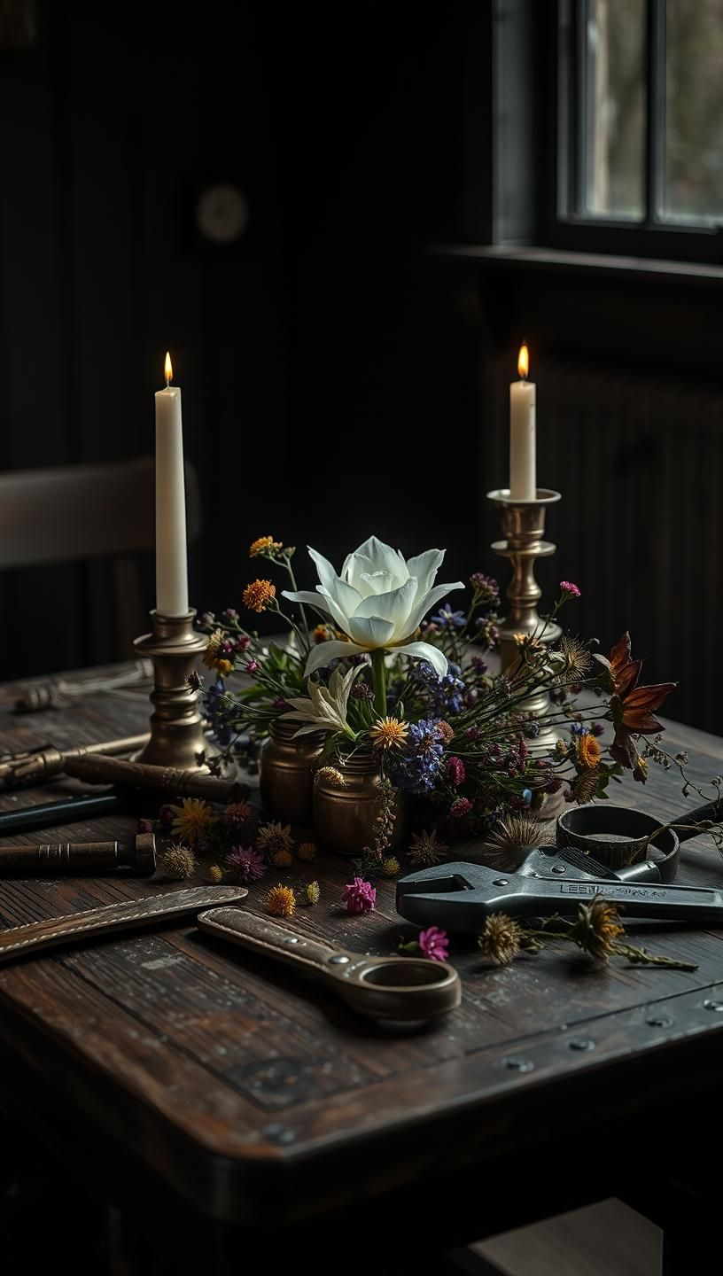 Floral Still Life on Wood: Desaturated Beauty, Brass Tools, Candlelight & Wildflowers
 | Unfold Lens