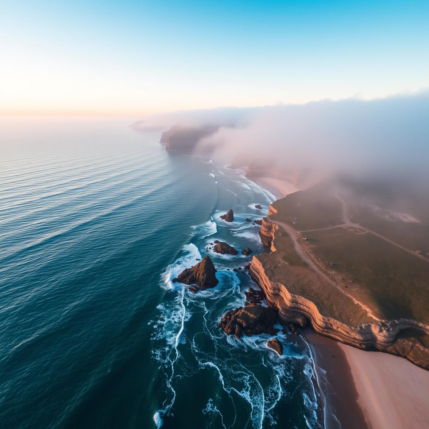 Foggy Australian Coast Aerial: Hidden Village Sunrise Glow - Serene Beauty
 | Unfold Lens