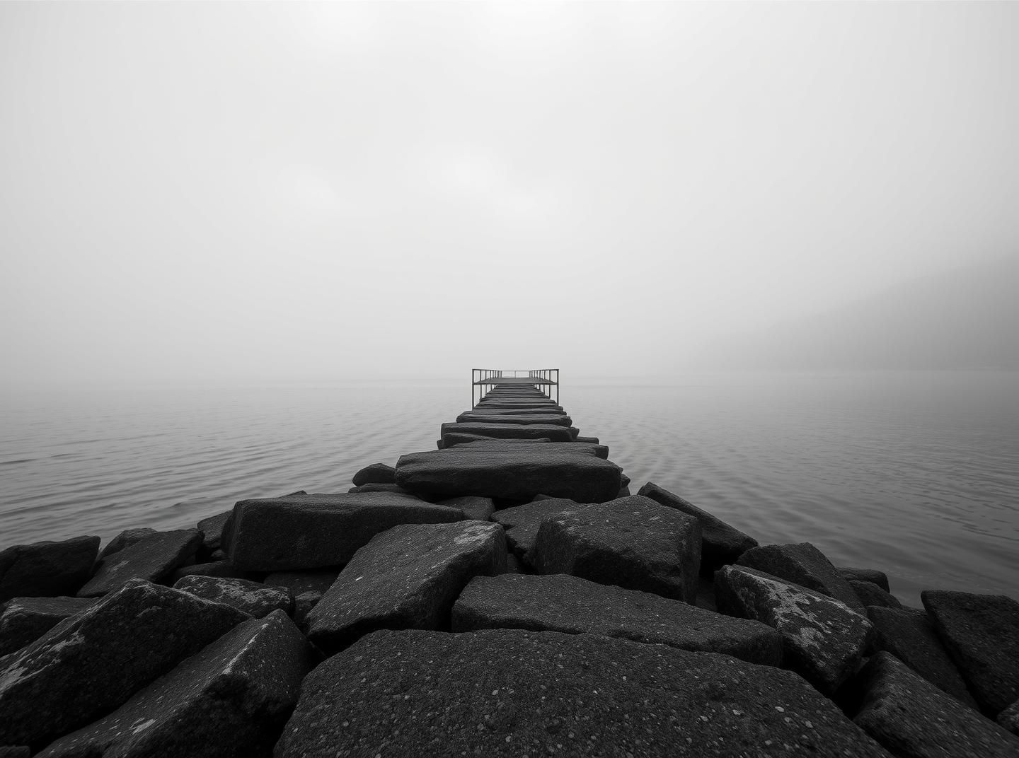 Foggy Pier: Coastal Black and White Serenity in Ultra-Wide 8K, Dreamy Escape
 | Unfold Lens