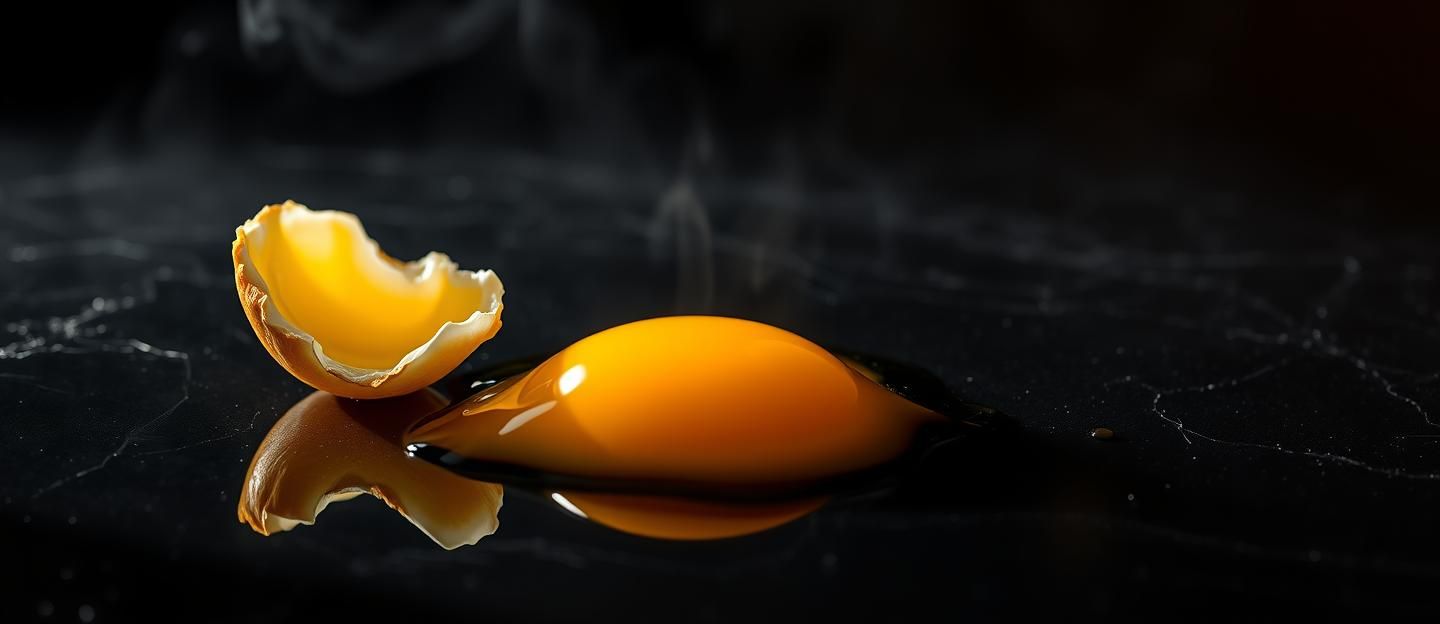 Fractured Egg Yolk Art: Fine Dining, High-Res Food Photography, Rustic Charm | Unfold Lens