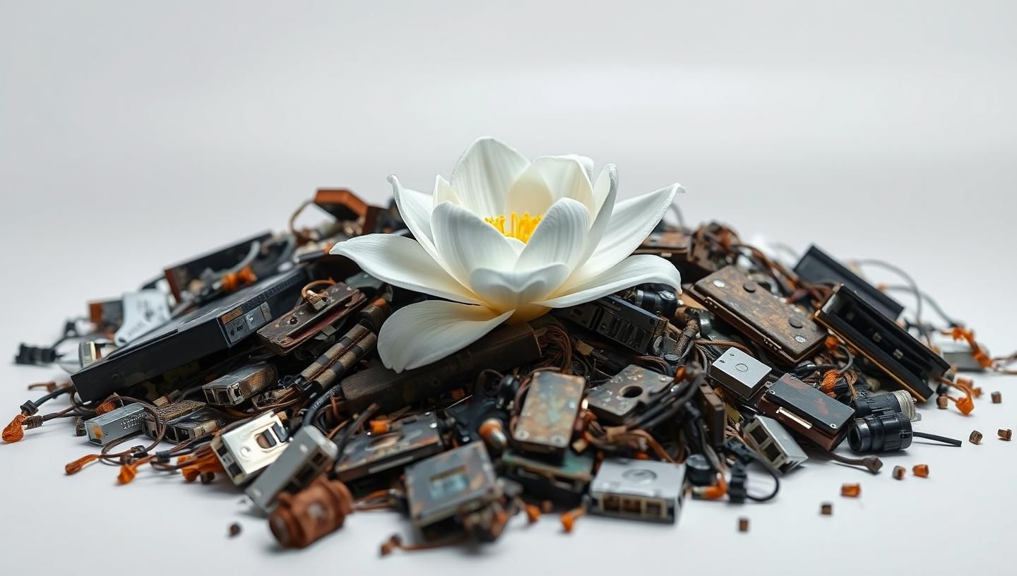 Fragile Bloom Amidst Tech Decay: Resilience in Sterile Light, 8K Visual Art
 | Unfold Lens