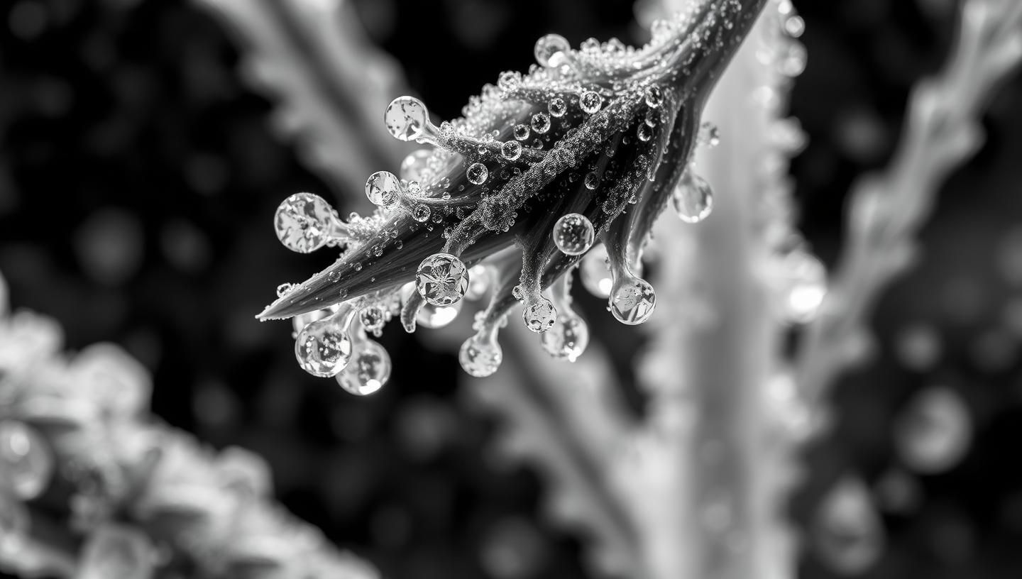 Frozen Dewdrop Jewel: B&W Macro Beauty, Winter's Icy Kiss, Crystal Plant Art
 | Unfold Lens