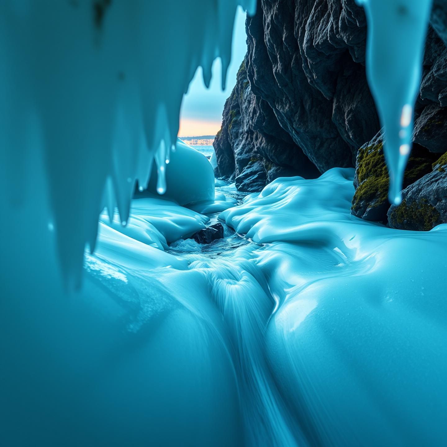 Frozen Waterfallscape: Arctic Beauty Meets City Lights in Iceland Cave - 8K
 | Unfold Lens
