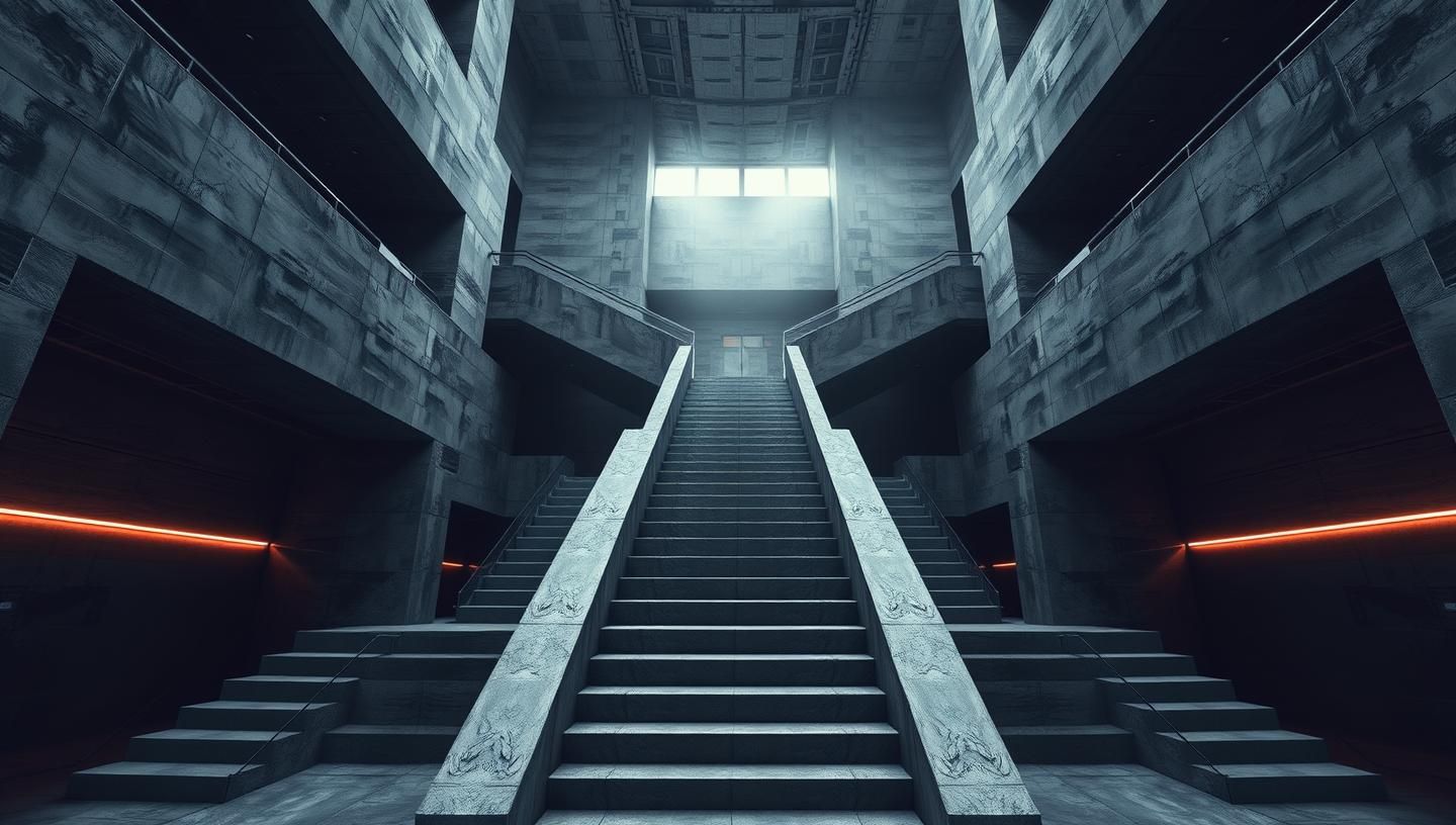 Futuristic Concrete Staircase: Sharp Geometry, Moody Atrium, 8K Photo
 | Unfold Lens