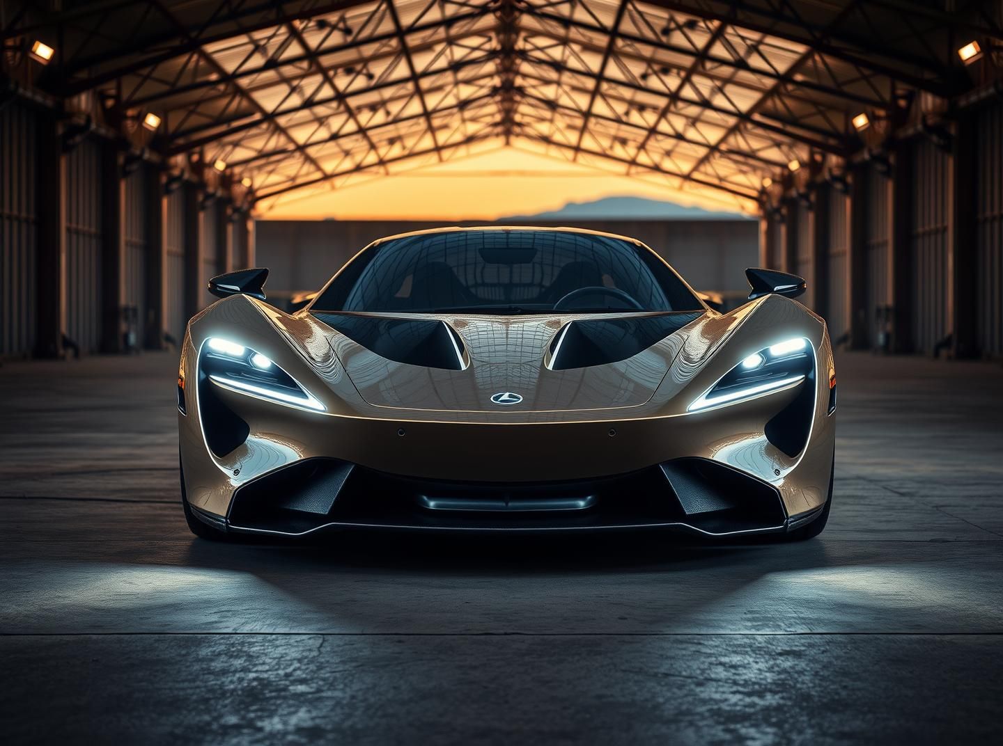 Futuristic EV Supercar Dusk Hangar Photo: Sleek, Electric, Inspiring Design
 | Unfold Lens