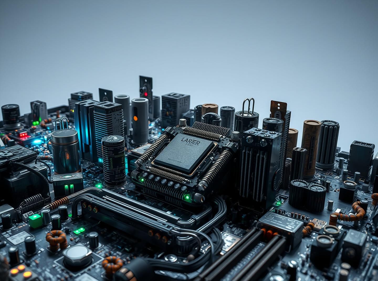 Futuristic Motherboard Cityscape: Clean CPU, Industrial Power, 8k Art
 | Unfold Lens