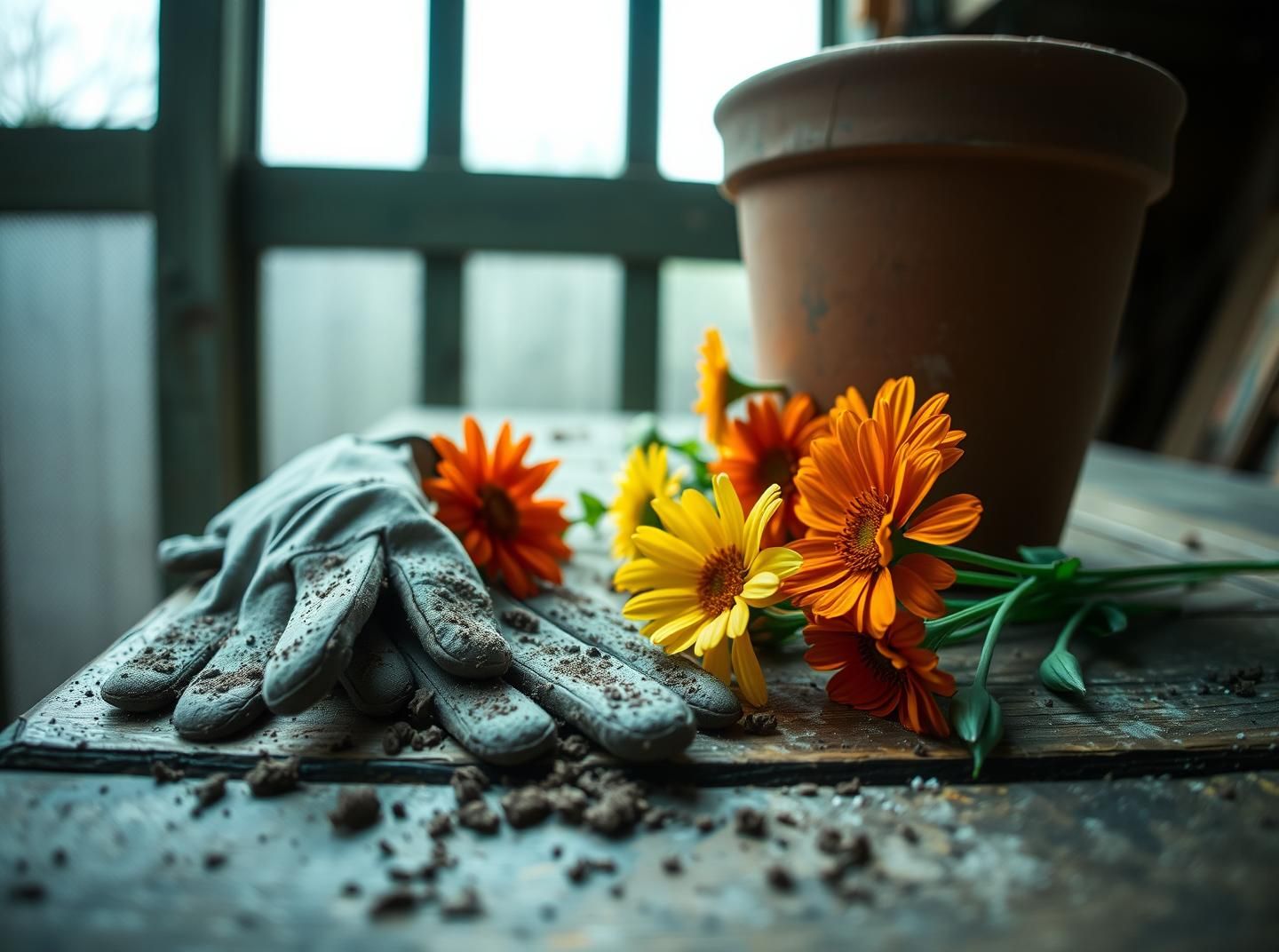Gardener's potting bench POV: Fresh flowers, soil, cinematic narrative 8k | Unfold Lens