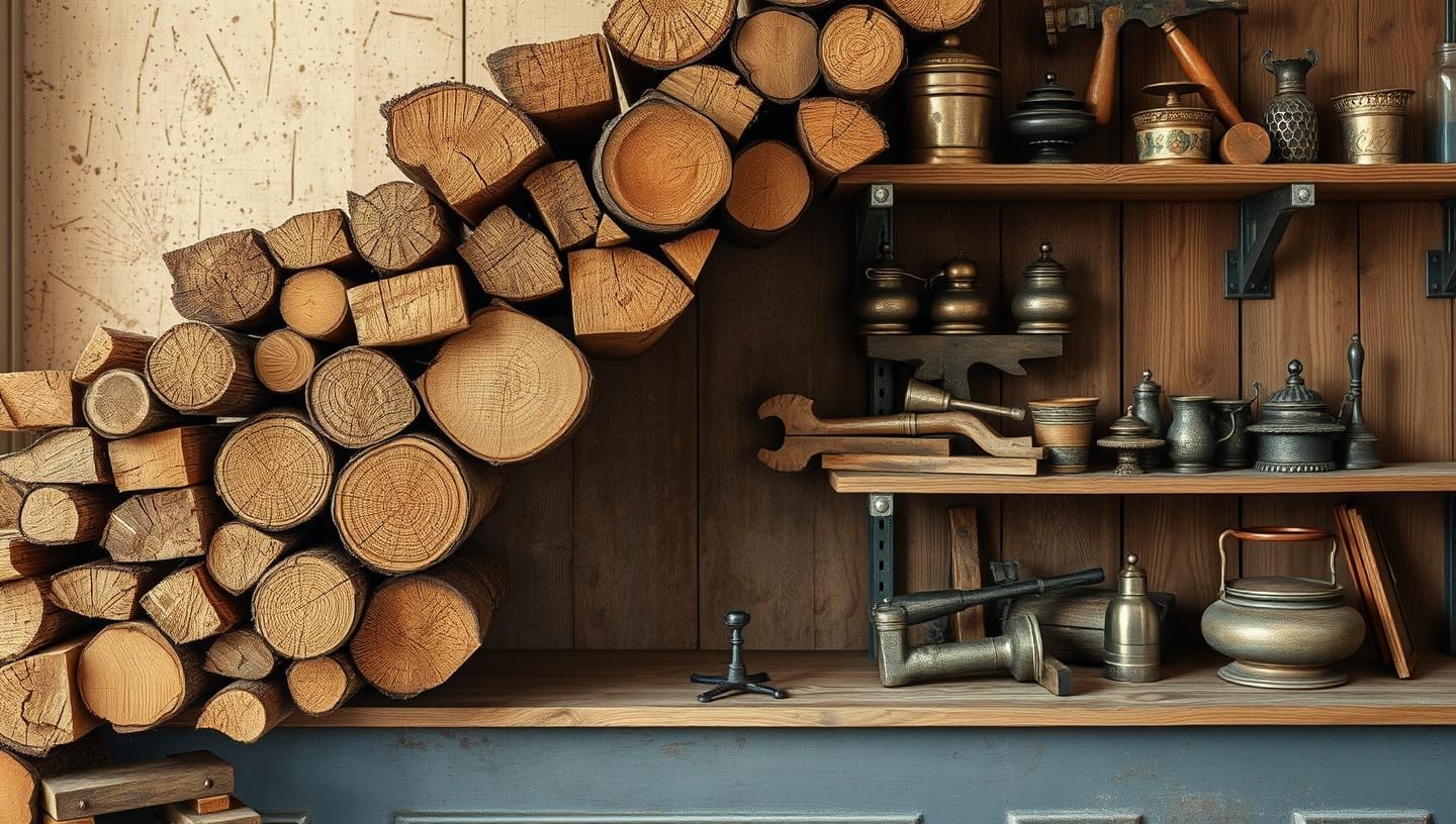 Geometric Lumber Still Life: Antique Shop's Inspiring Wood Grain Harmony, 8K
 | Unfold Lens