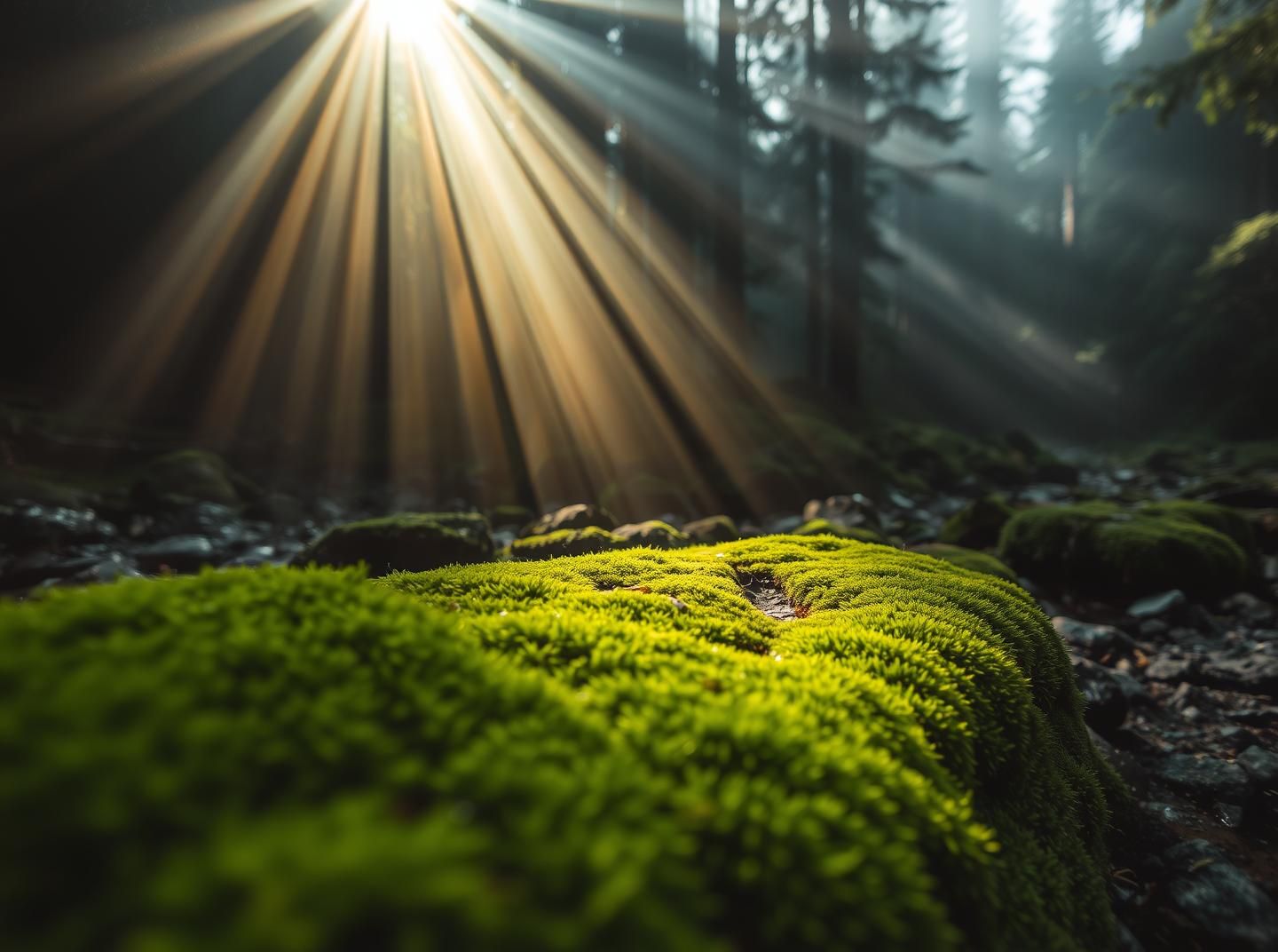 Germany Black Forest Sunbeams Moss Riverbed: Moody Green Ancient Stones 8K | Unfold Lens