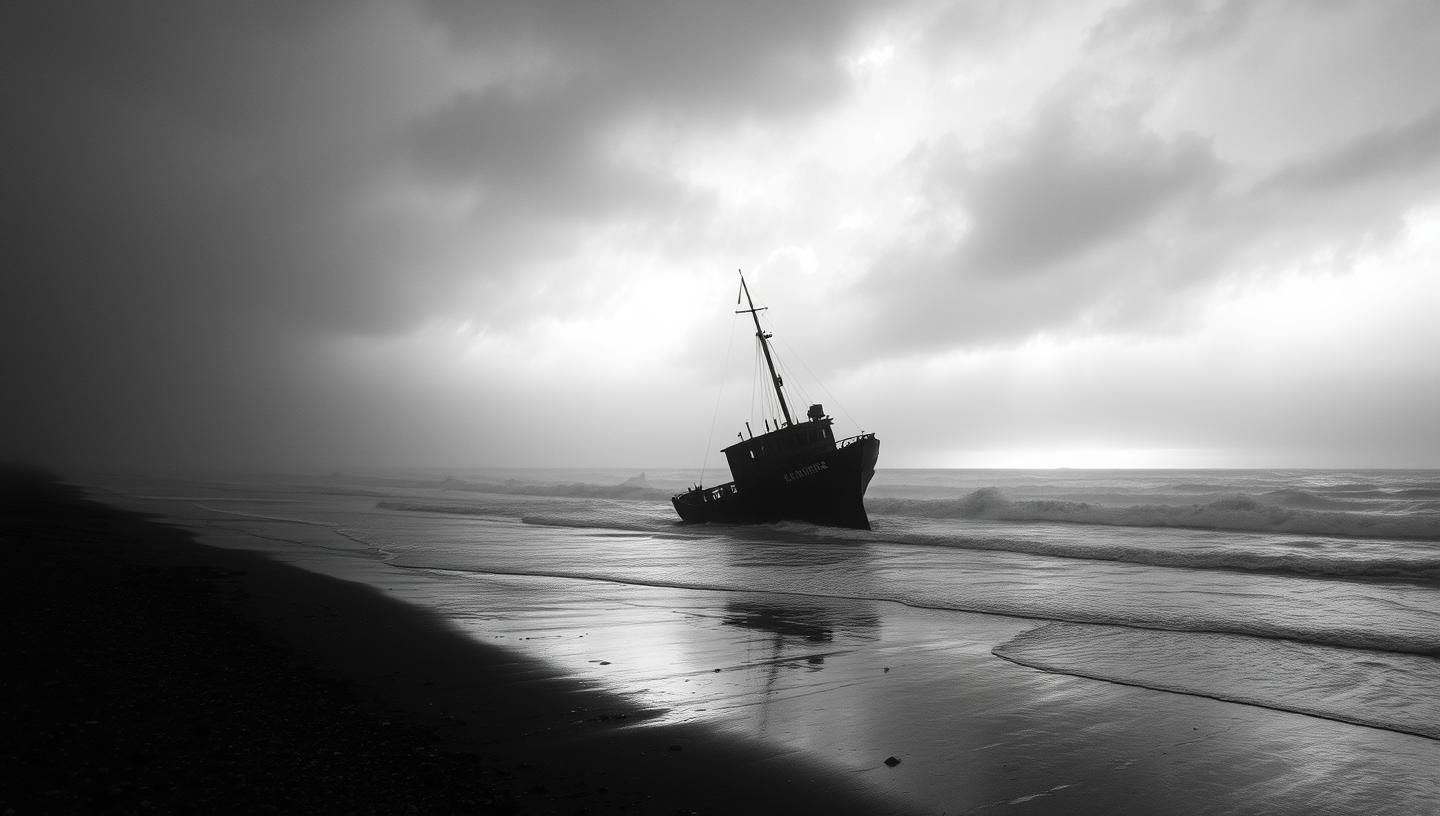 Ghostly Shipwreck Black & White: Stormy Beach, Ethereal Glow, 8k Masterpiece
 | Unfold Lens