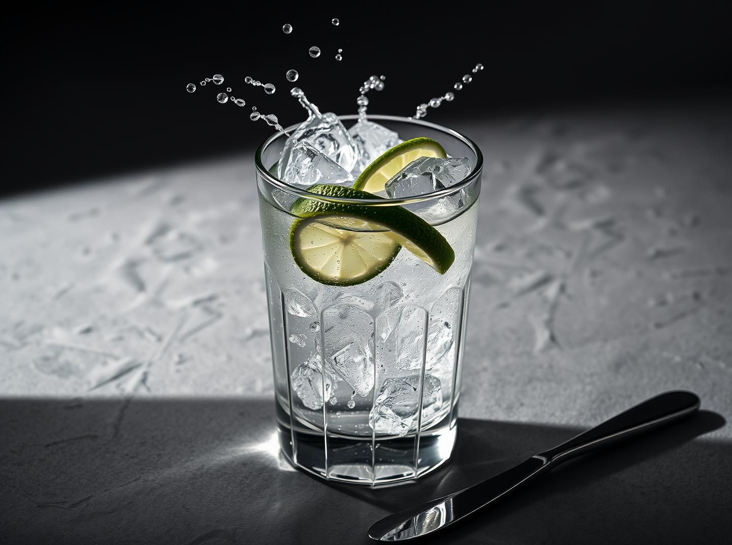 Gin Tonic Lime Splash: Icy Refreshment, Dramatic Lighting, Exquisite Detail
 | Unfold Lens