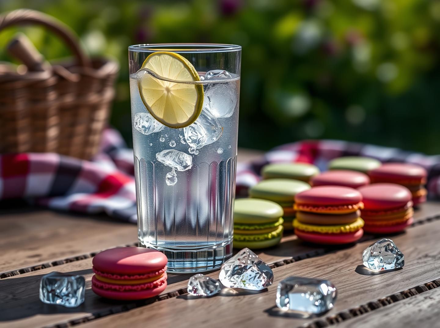 Gin Tonic Picnic: Refreshing Drink, Macarons, Joyful Outdoor Feast, 8k Photography | Unfold Lens