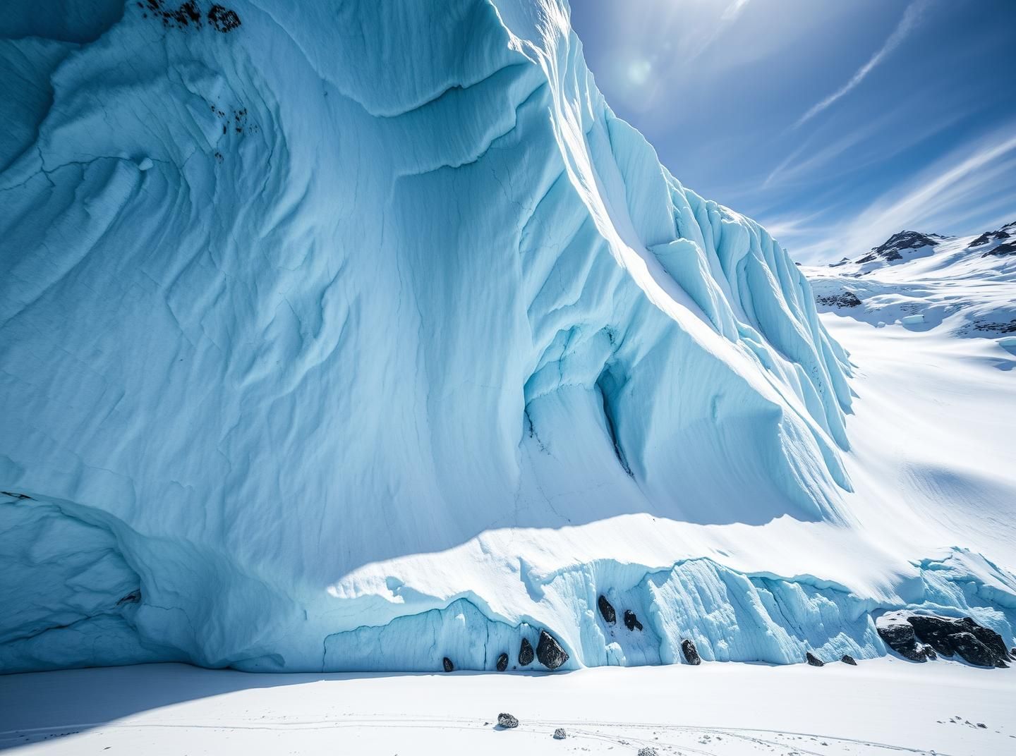 Glacier's Icy Majesty: Erosion Art, Sunlit Antarctic Snow & Blue Ice Veins
 | Unfold Lens