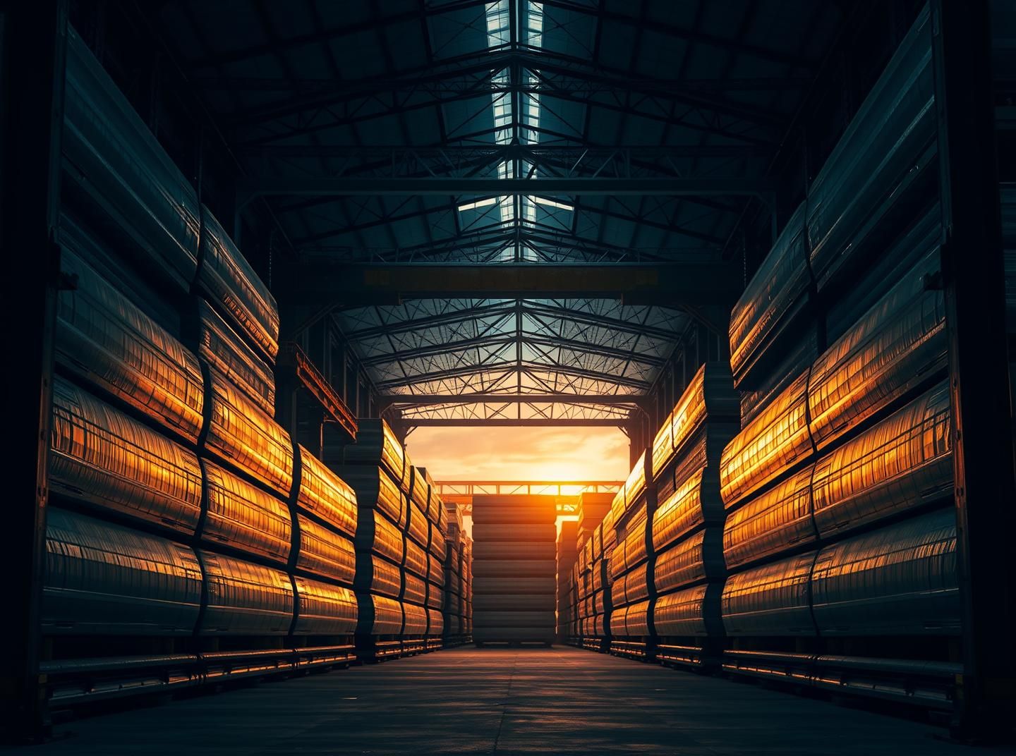 Gleaming Steel Ingots Sunset Silhouettes - Industrial Form, Light, Modernity 
 | Unfold Lens