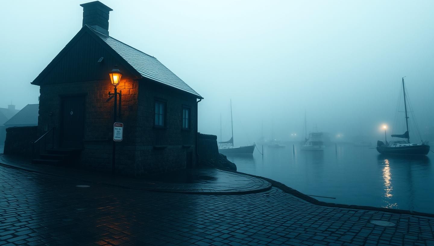 Gloomy Harbor: Quiet Contemplation, Cinematic Blues, High-Contrast, 8k Photo
 | Unfold Lens