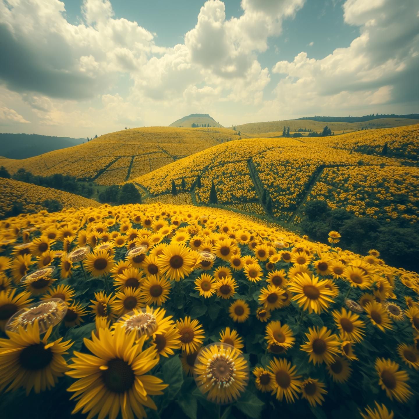 Glowing Ghost Mushrooms & Sunflowers: Bioluminescent Forest Meets Golden Field
 | Unfold Lens