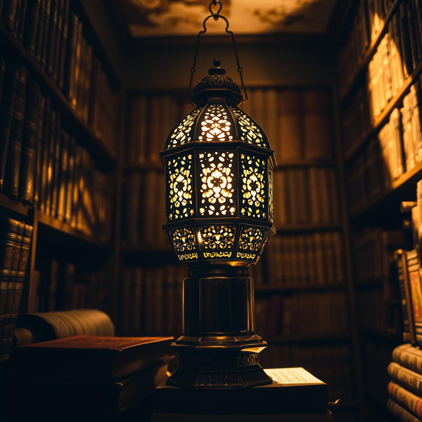 Glowing Ramadan Lantern in Old Library: History, Light & Shadow, 8K Masterpiece | Unfold Lens