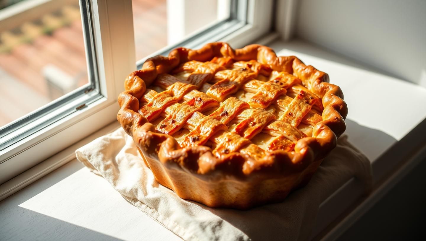 Golden Apple Pie on Linen: Rustic Perfection, Jewel-Toned, 8k Commercial Food Shot
 | Unfold Lens