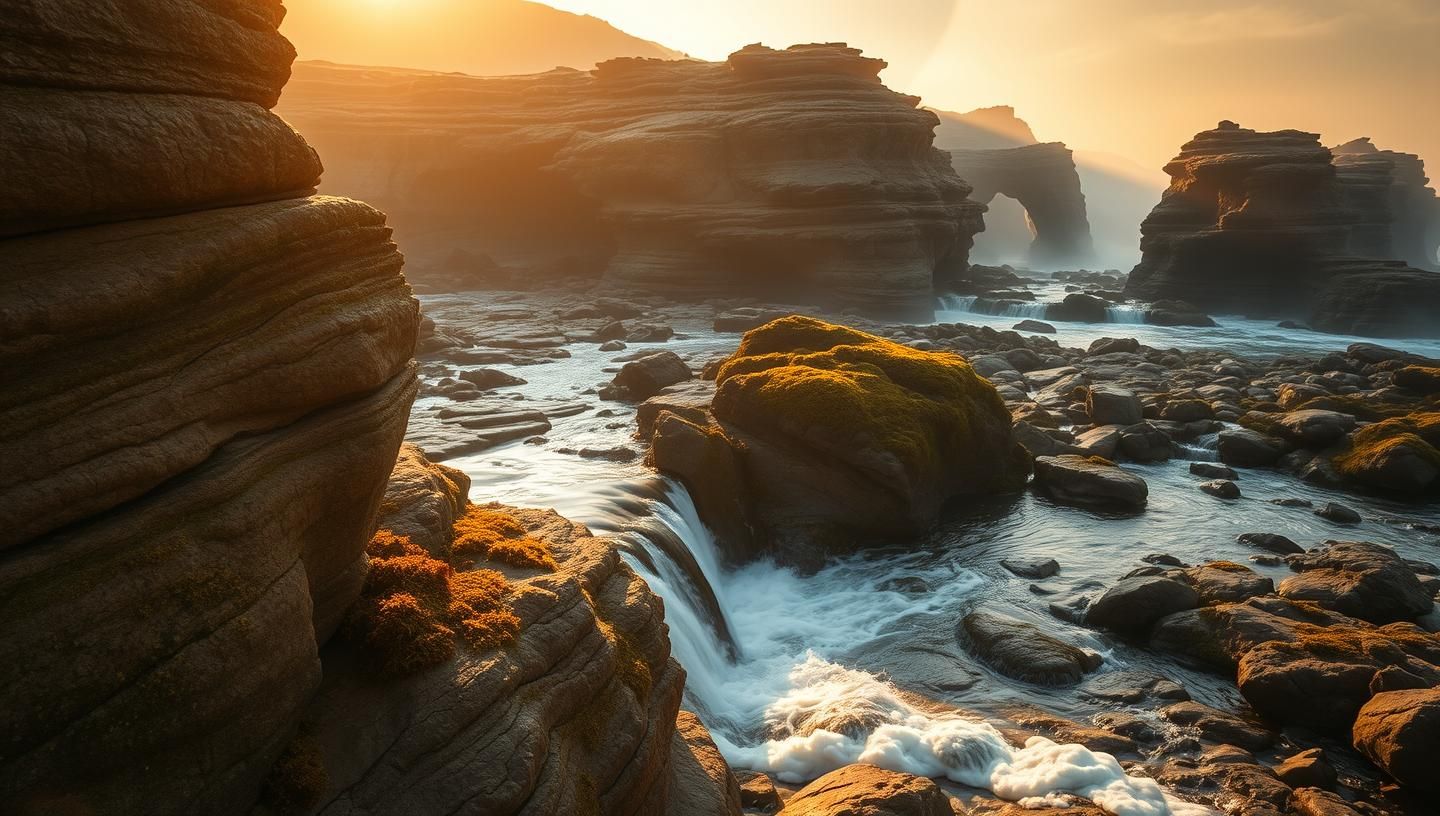 Golden Coastline Arches at Sunset, Moody Reflections, Coastal Beauty, 8k 
 | Unfold Lens