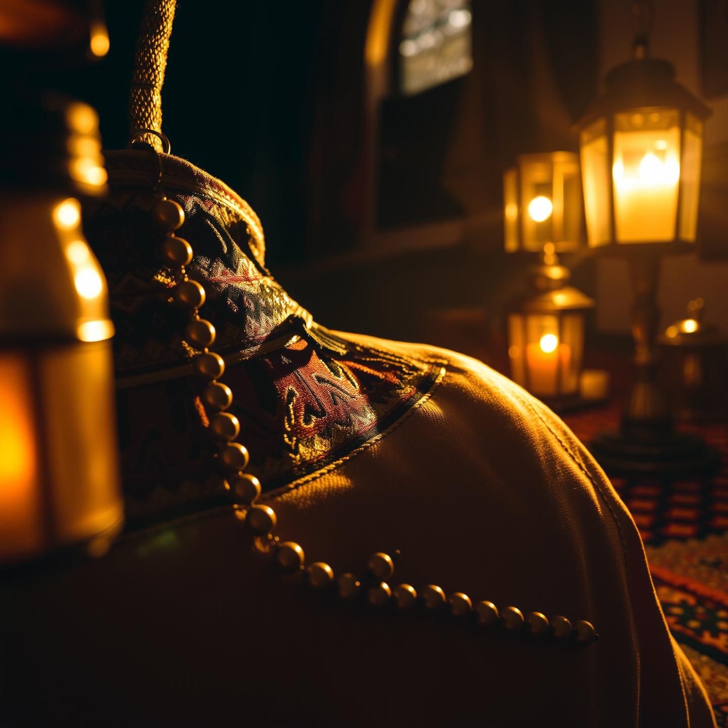 Golden Embroidery on Kilim Rug: Warm Light, Translucent Beads, Nostalgic Glow
 | Unfold Lens