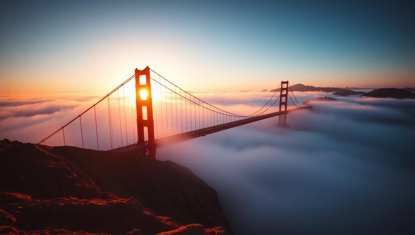 Golden Gate Bridge Sunrise: Piercing Fog, Cyberpunk Meets Nature, 8k Resolution | Unfold Lens