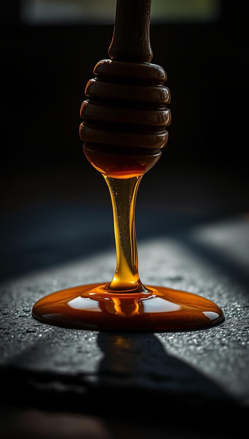 Golden Honey Dripping From Wooden Dipper: Sweet, Rustic Still Life 8K | Unfold Lens