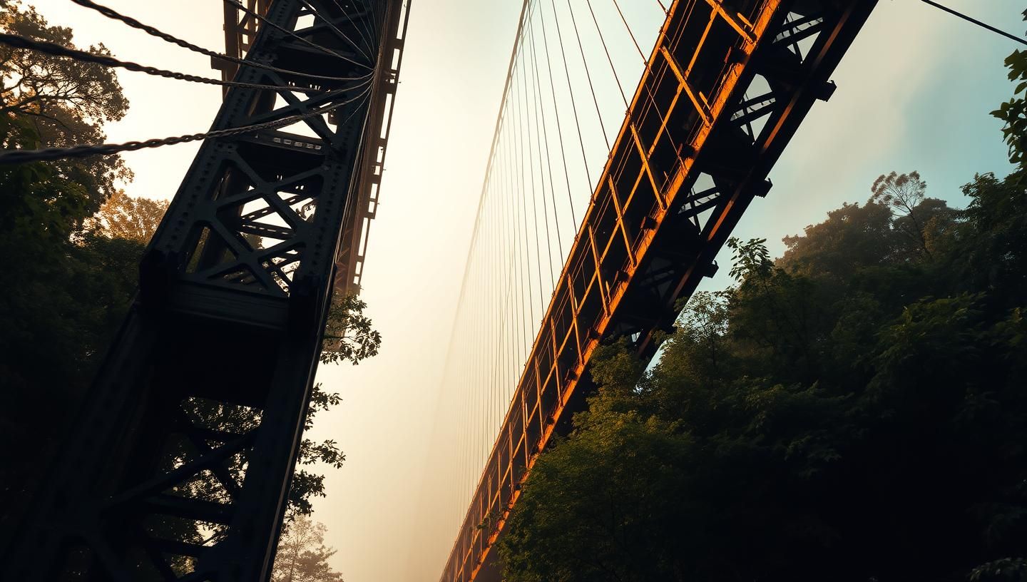 Golden Hour Bridge Cables & Forest: Inspiring Engineering & Nature Harmony | Unfold Lens