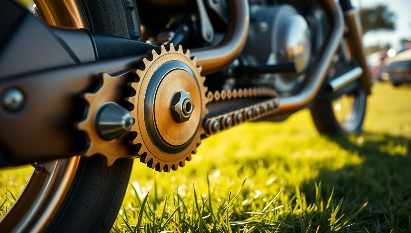 Golden Motorcycle Chain Detail: Nostalgic Elegance in Warm Sunlight
 | Unfold Lens