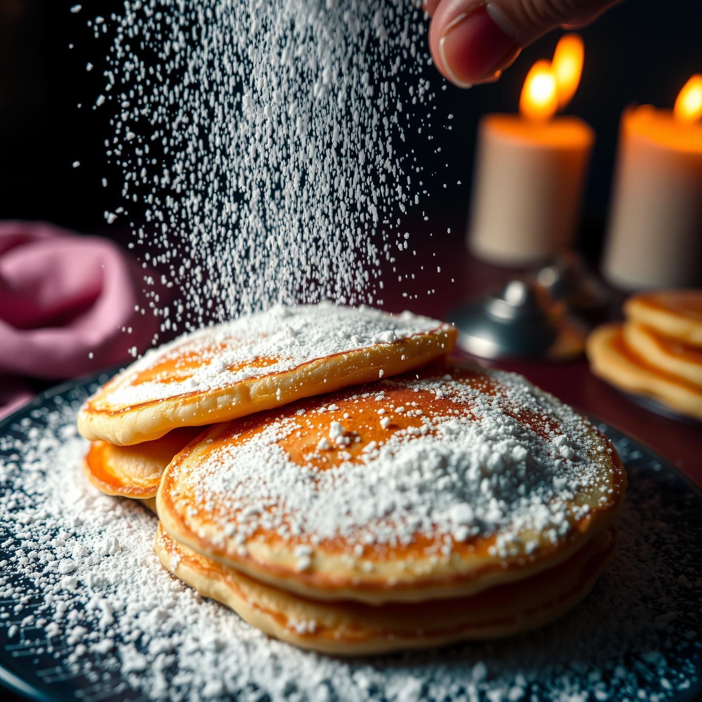 Golden Pancakes Powdered Sugar Shower: Delicious Food Photography, 8k Resolution
 | Unfold Lens