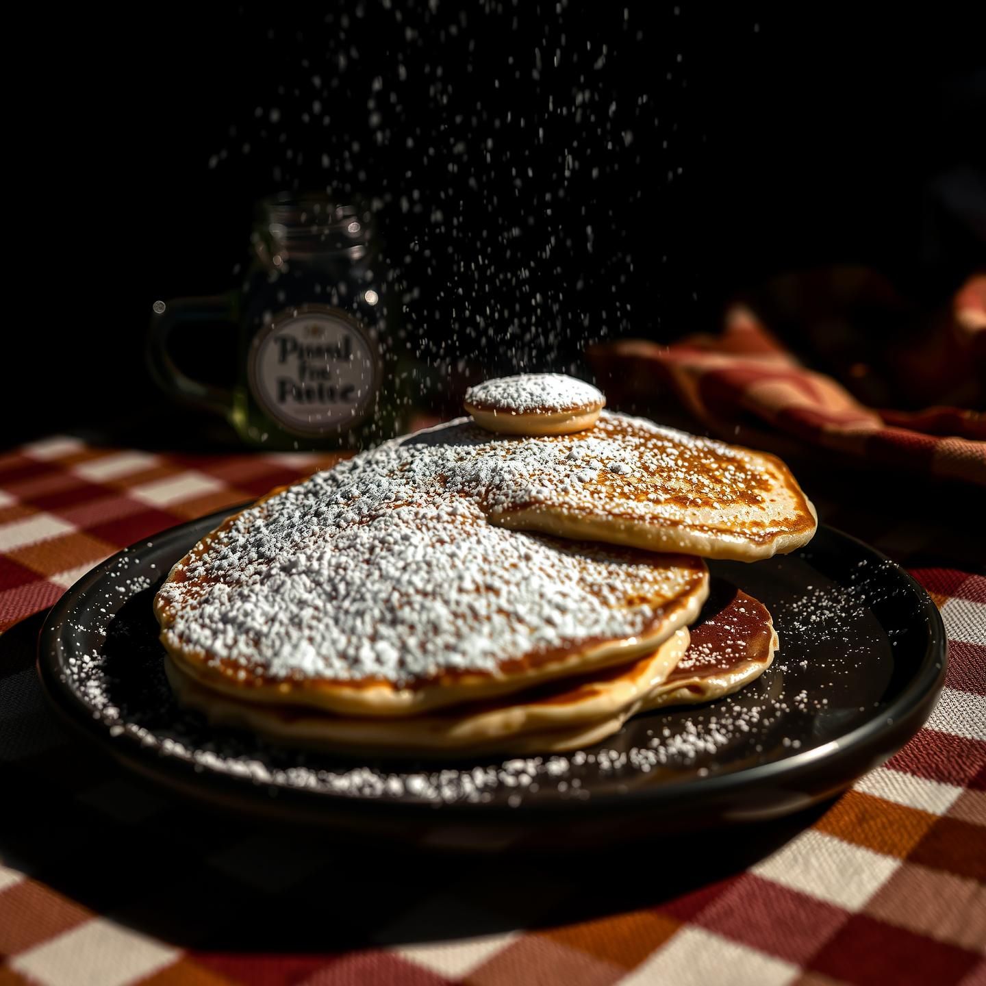 Golden Pancakes Powdered Sugar Snowfall Picnic Scene - 8K Food Photography | Unfold Lens
