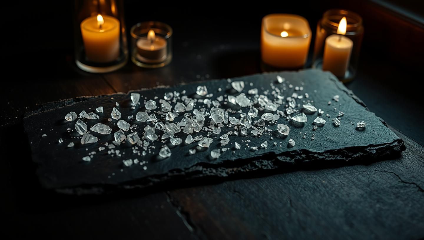Gourmet Sea Salt Diamonds on Slate. Moody Restaurant Art. 8k Food Still Life
 | Unfold Lens