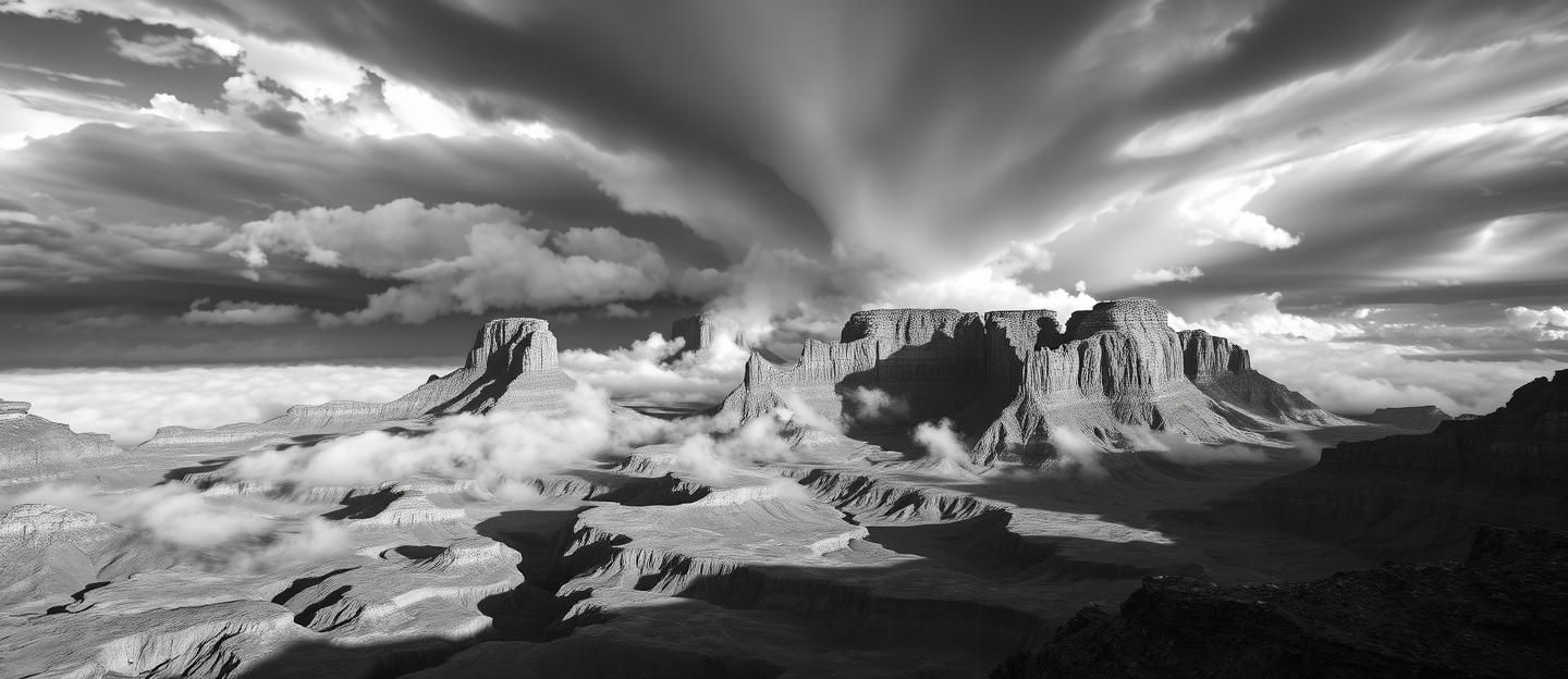 Grand Canyon Outback Cloudscape: Dramatic B&W Photo, Inspiring Arid Beauty | Unfold Lens
