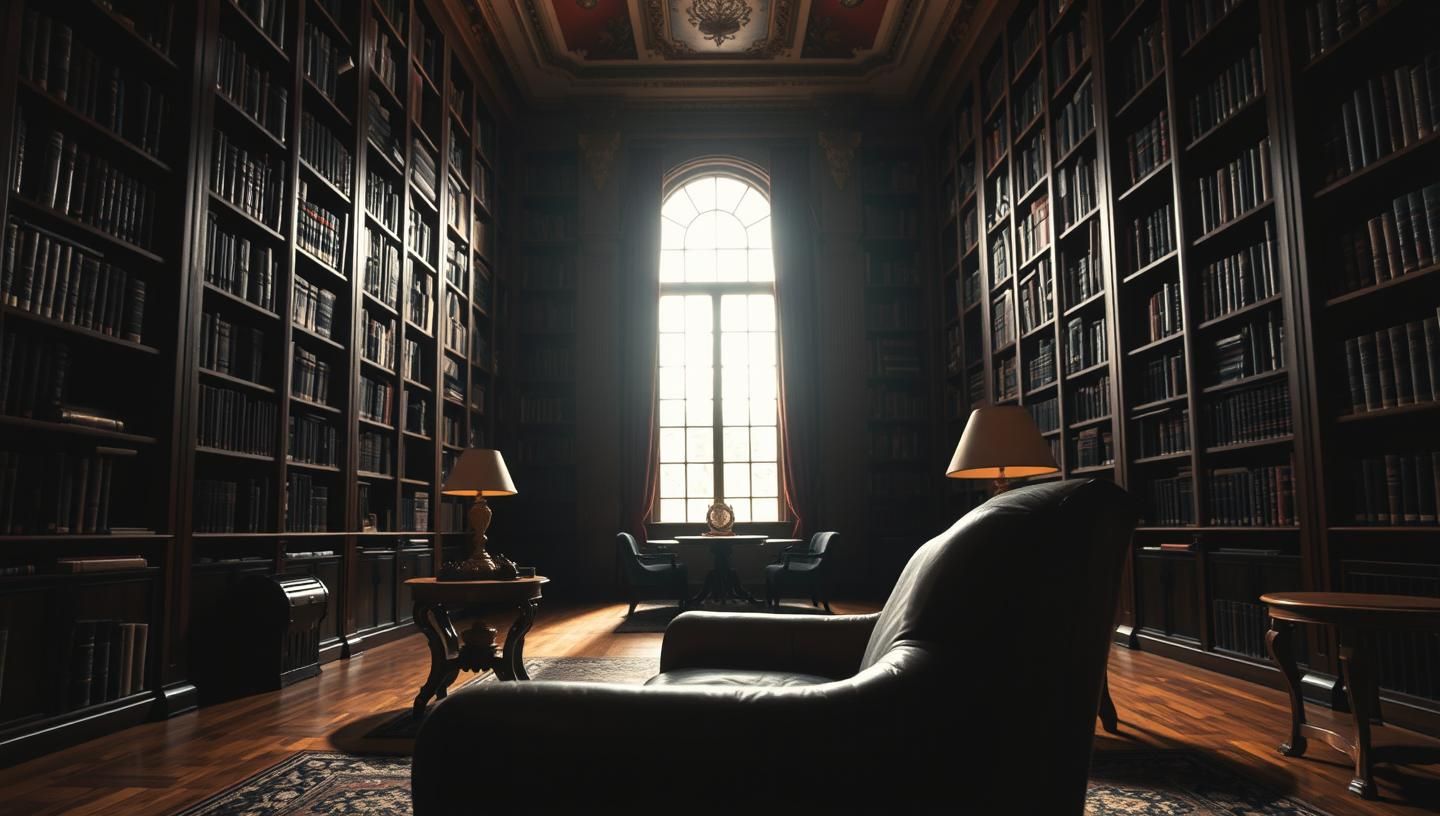 Grand Hotel Lobby Home Library: Moody Elegance in High-Key Shadow, 8K
 | Unfold Lens
